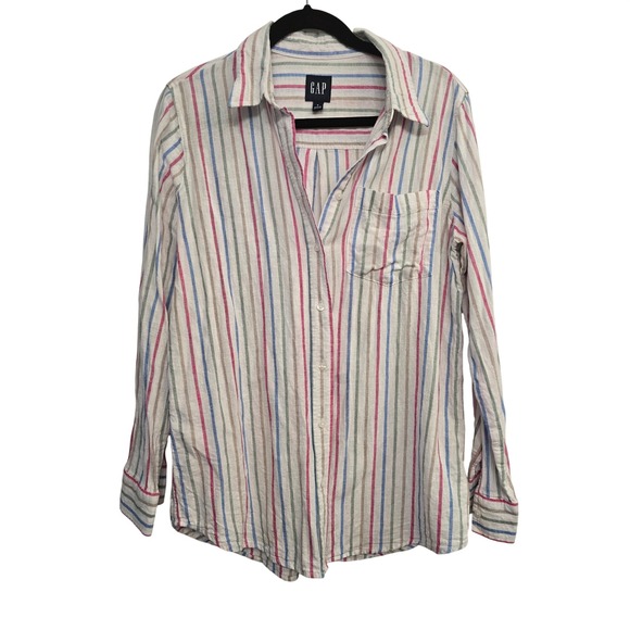 GAP Tops - GAP Linen Rayon Striped Button Up Shirt Women's Small Coastal Preppy Cottage